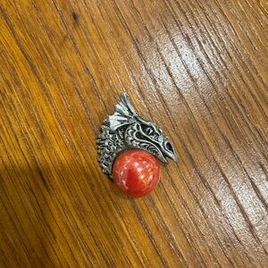 Silver Dragon Head necklace pendant with Red Gemstone